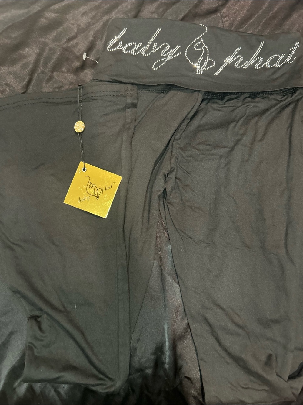 Baby Phat Fold Overs Black Leggings with Rhinestone Script Waistband